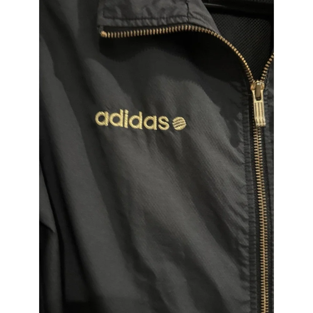 Adidas NEO Label Windbreaker Jacket Mens L Black Gold Big Logo Spellout Vintage